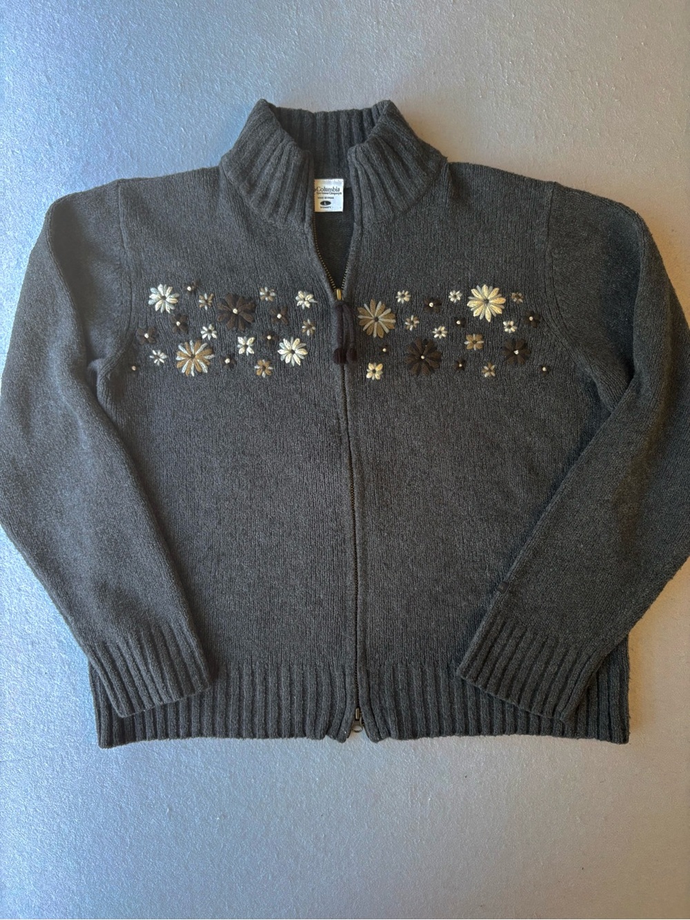 Vintage Columbia Women's Charcoal Gray Zip-Front Sweater Floral Embroidery Sz L